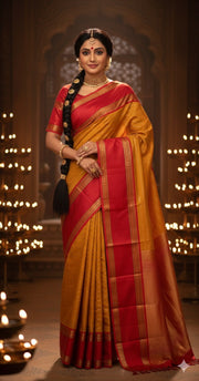 Mustard Yellow and Red Kanchivaram Saree With Stitched Blouse