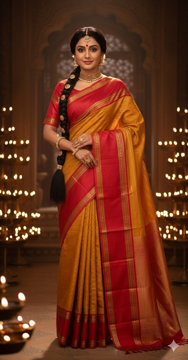 Mustard Yellow and Red Kanchivaram Saree With Stitched Blouse