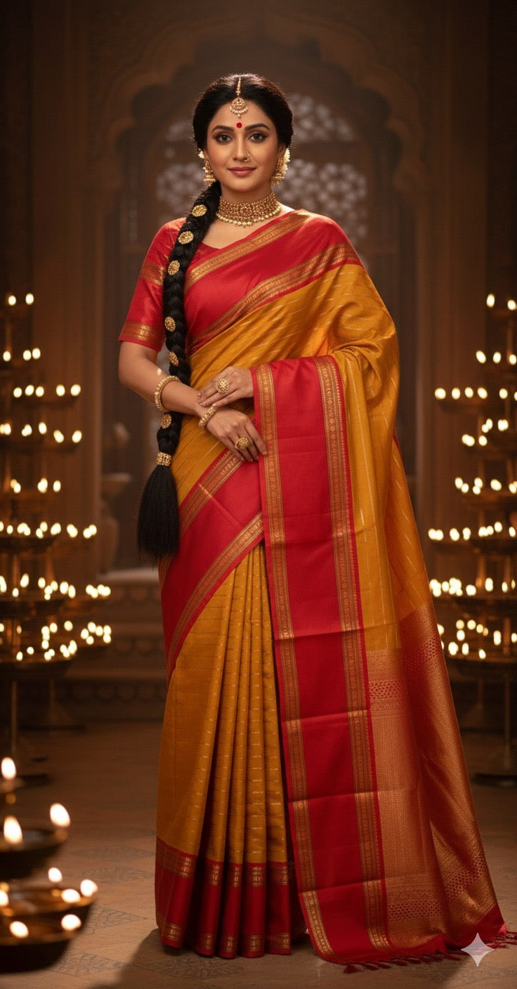 Mustard Yellow and Red Kanchivaram Saree With Stitched Blouse