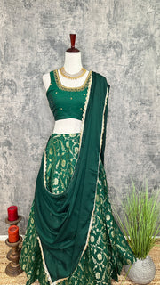 Green Banarsi Skirt with Blouse and Dupatta