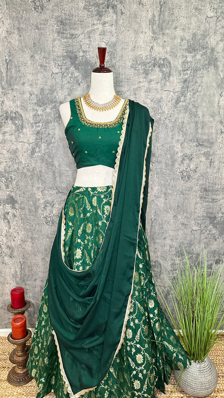 Green Banarsi Skirt with Blouse and Dupatta