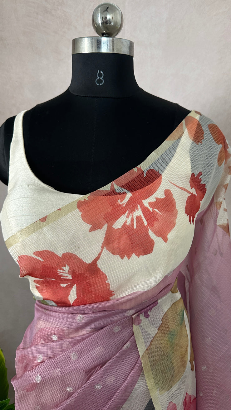 Kota silk saree with floral print border, with BP
