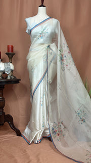 Aliya Bhatt White floral printed half organza and half satin silk saree with stitched blouse