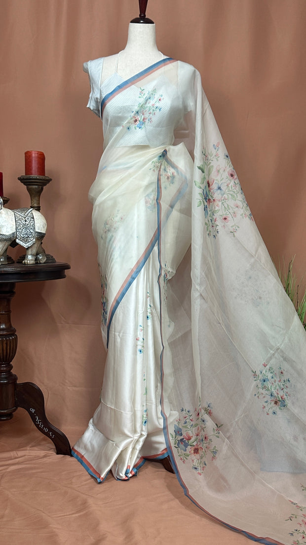 Aliya Bhatt White floral printed half organza and half satin silk saree with stitched blouse