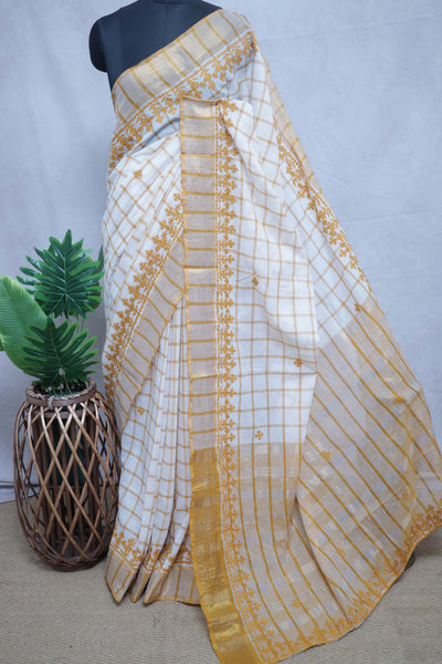 Off white and gold check saree with Kutch work , with BP