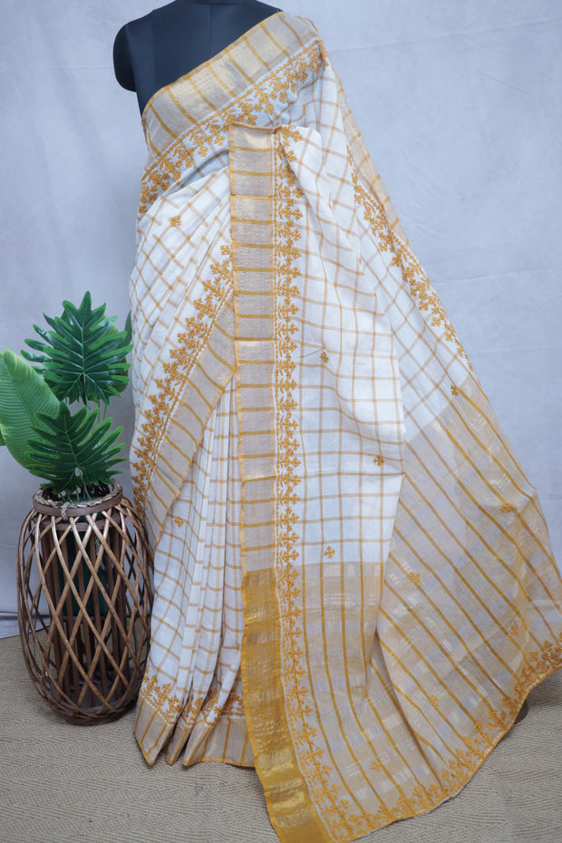 Off white and gold check saree with Kutch work , with BP