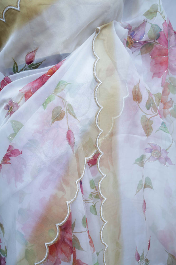 Hand painted organza silk saree with hand work, stitched blouse
