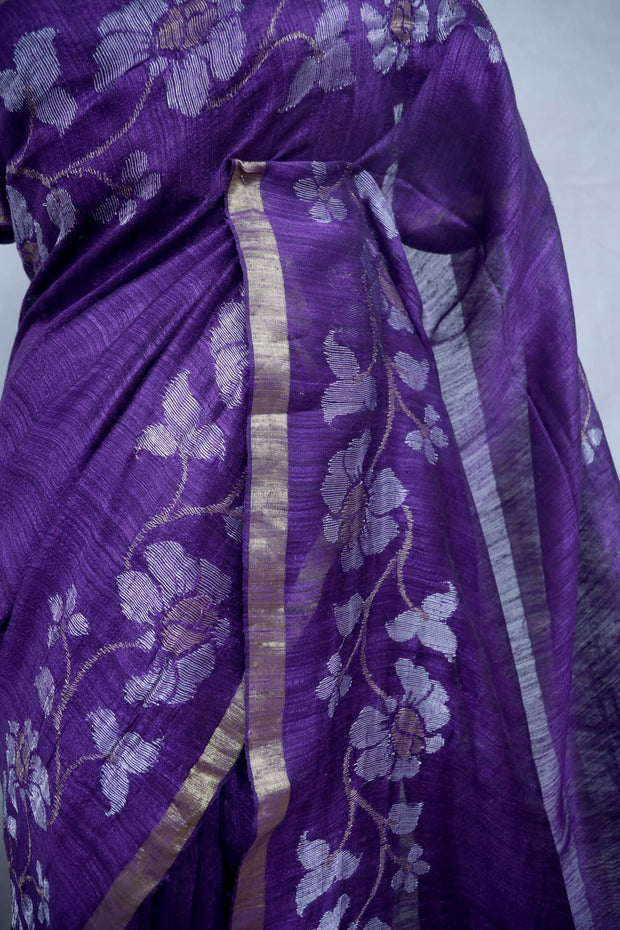 Pure Purple Matka silk handloom saree with jamdani , with stitched blouse