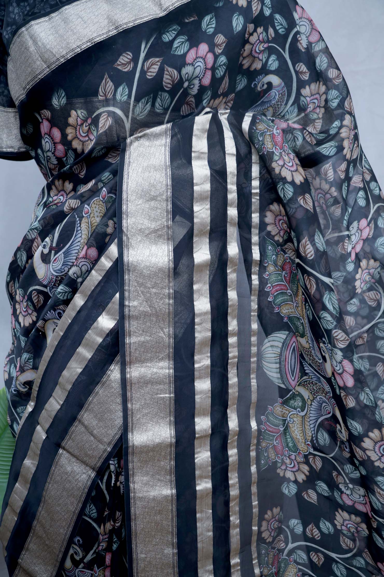 Kalamkari printed organza silk saree with stitched blouse
