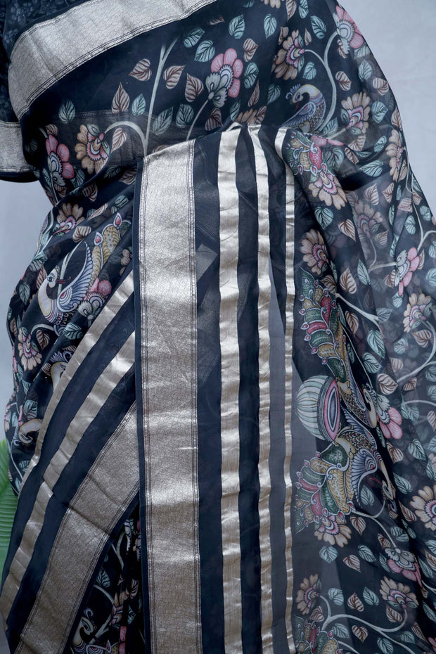 Kalamkari printed organza silk saree with stitched blouse