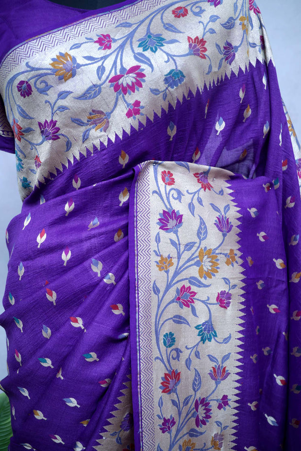 Purple Georgette banarsi saree with Paitani border, with stitched blouse
