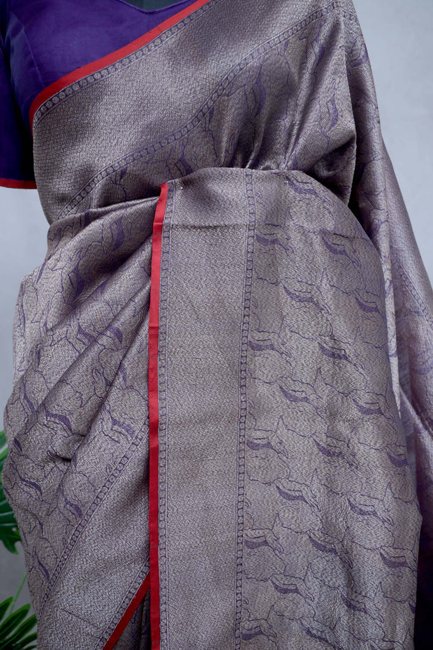 Navy Blue brocade organza saree with stitched blouse