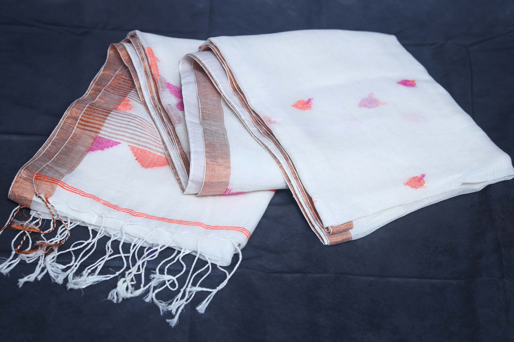 White  tissue linen saree with jamdani weave, with BP