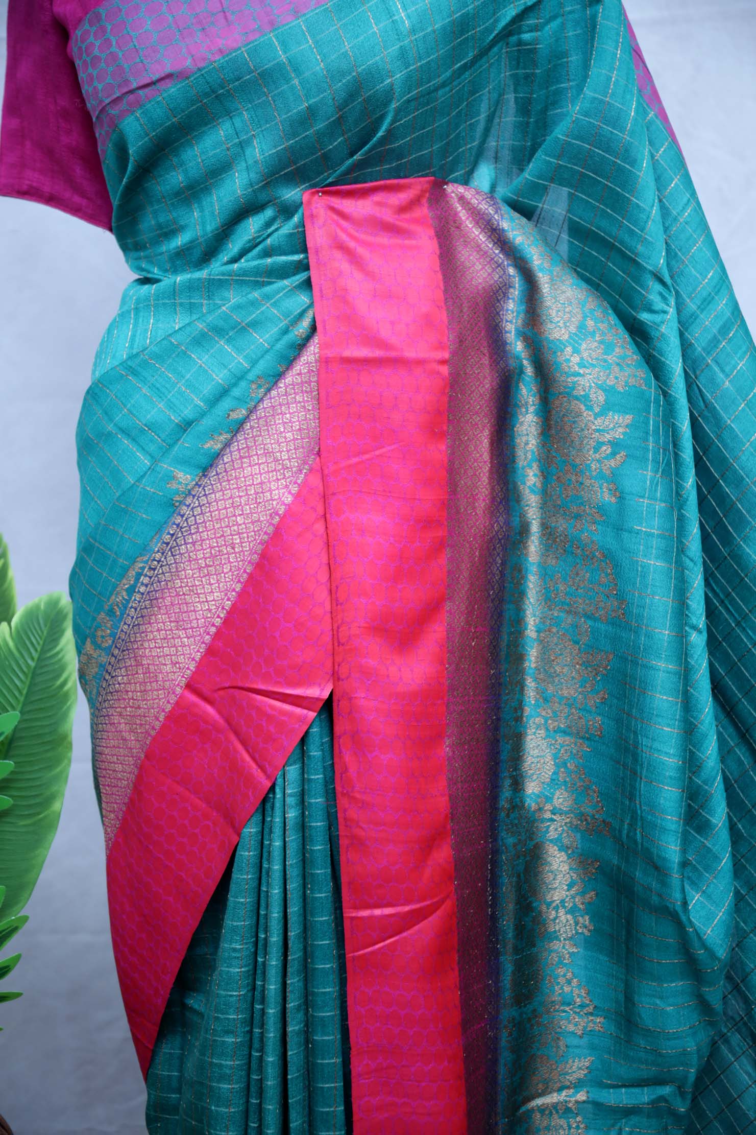 Peacock green and Pink combination Tussar banarsi saree with stitched blouse