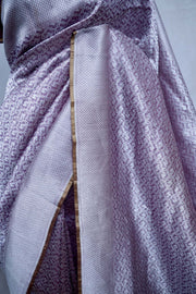 Deep burgundy brocade organza saree with stitched blouse