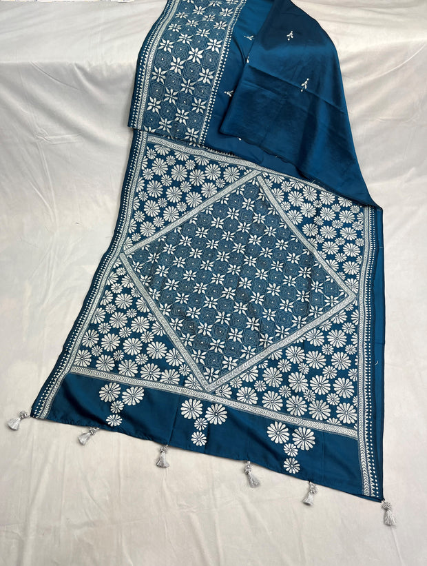 Peacock blue pure bangalore silk saree with kantha work , stitched blouse