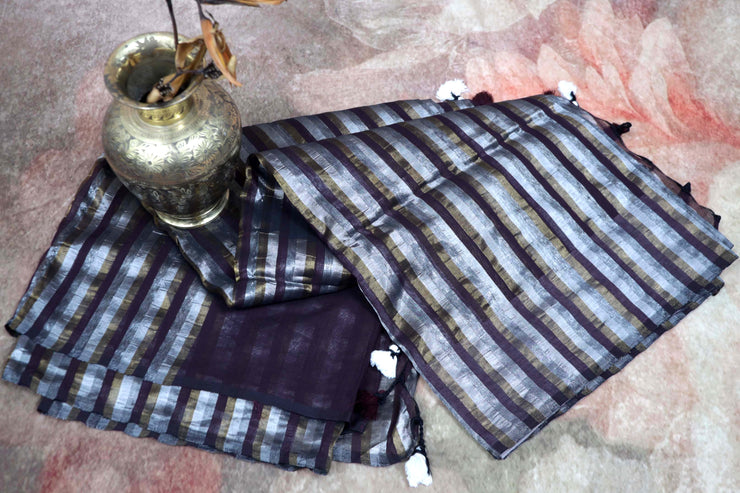 Handwoven Bottle Green Stripe Tissue Cotton saree, No BP