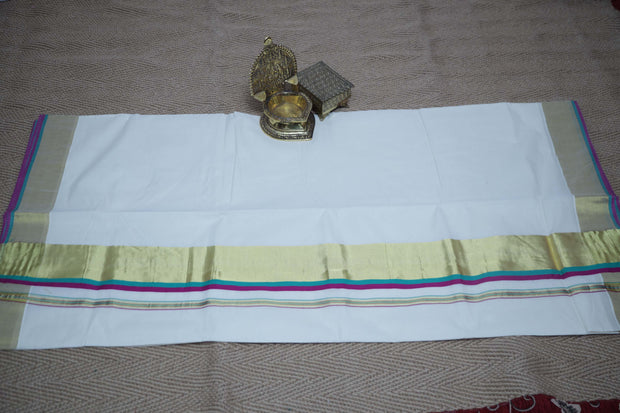 Set saree with copper sulfate blue , majenta and gold border