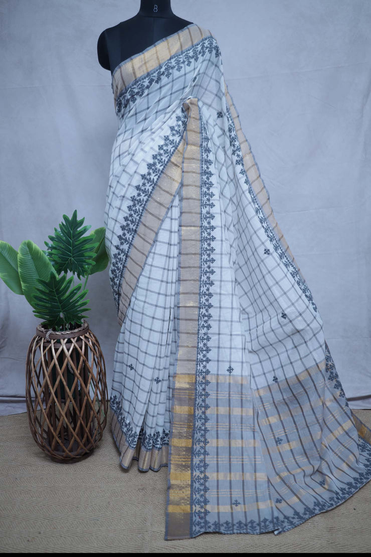 Off white and gold check saree with Kutch work , with BP