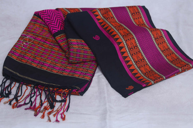 Pure handloom Bangal cotton saree with pink and orange thread weave, with bP
