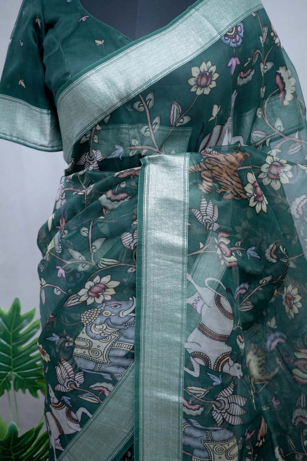 Kalamkari printed organza silk saree with stitched blouse