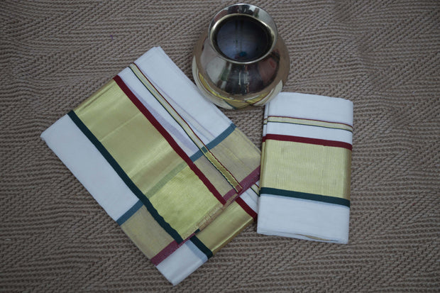 Set mundu with bottle green maroon and gold border