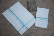 Puliyilakkara set mundu with light blue and gold border