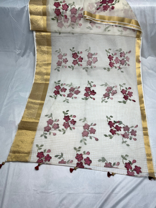 Offwhite checked tissue saree with banarsi border and hand paint, with designer blouse