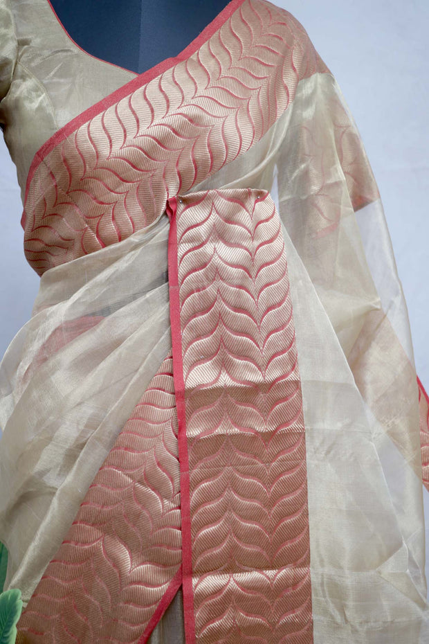 Handloom Pure tissue chanderi saree with red border
