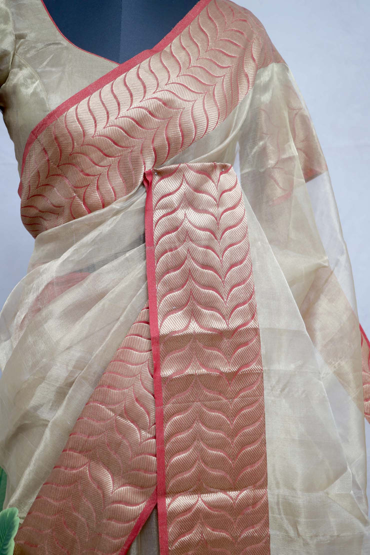 Handloom Pure tissue chanderi saree with red border