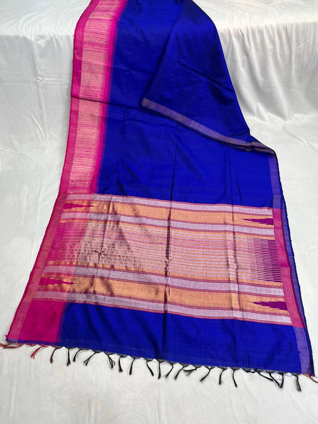 Cobolt Blue and pink combo pure raw silk saree with stitched blouse