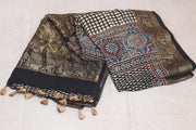 Dola Silk Saree with Ajrakh Hand Block Print , stitched blouse