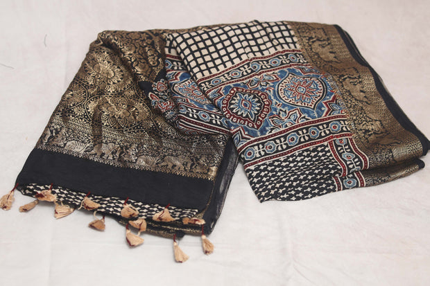Dola Silk Saree with Ajrakh Hand Block Print , stitched blouse