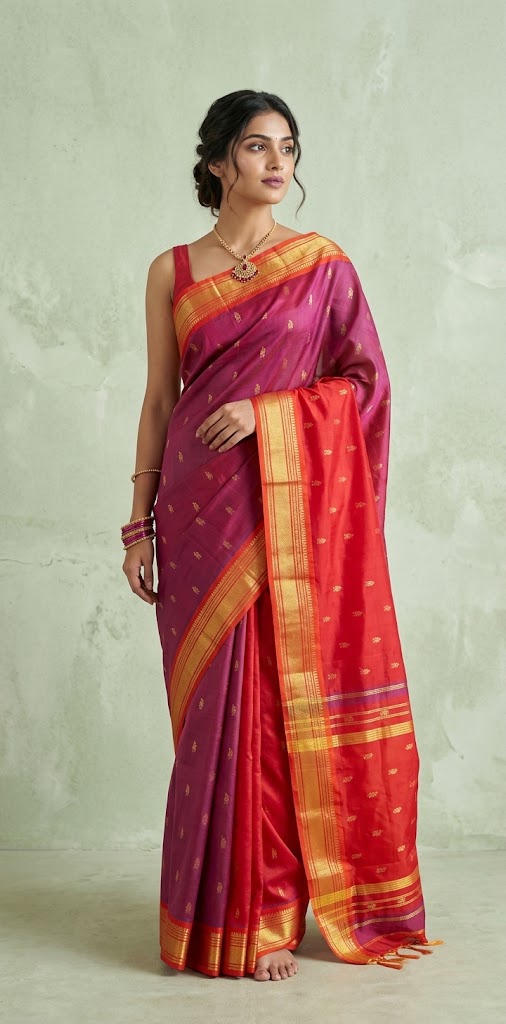 Handloom Pure silk sari with contrast one side korvai border, no BP