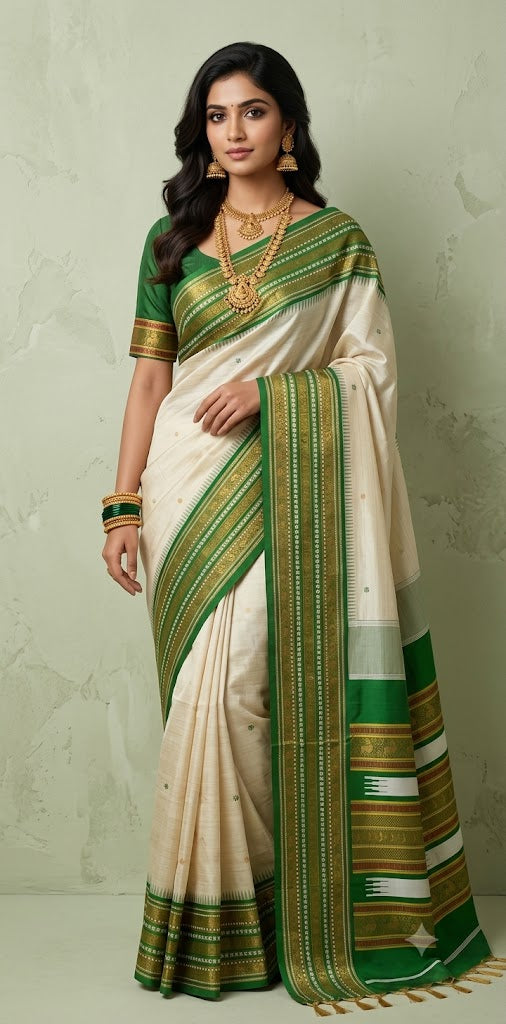 Asam silk saree with green border and stitched blouse