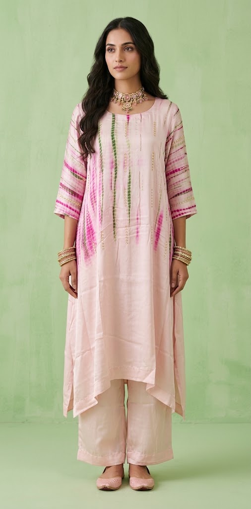 Modal silk shibori designer kurti with handwork and bottom