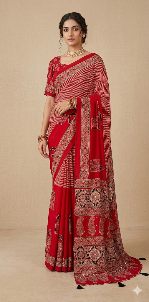 Designer Ajrakh modal silk saree with bead and mirror handwork, stitched blouse