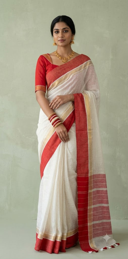 Red and gold border pure linen saree