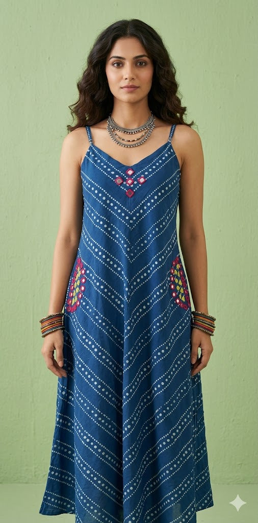 Hand block printed pure cotton dress with mirror work