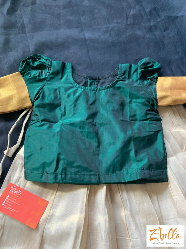 4-5 Yr Kerala Gold Kasavu Tissue Check Skirt With Green Silk Crop Top Girl Kids Set