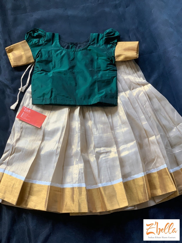 4-5 Yr Kerala Gold Kasavu Tissue Check Skirt With Green Silk Crop Top Girl Kids Set