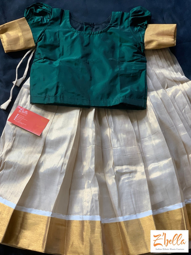 4-5 Yr Kerala Gold Kasavu Tissue Check Skirt With Green Silk Crop Top Girl Kids Set