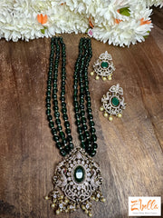 3 Layer Green Bead Chain With Victorian Finish Pendent And Earring Necklace