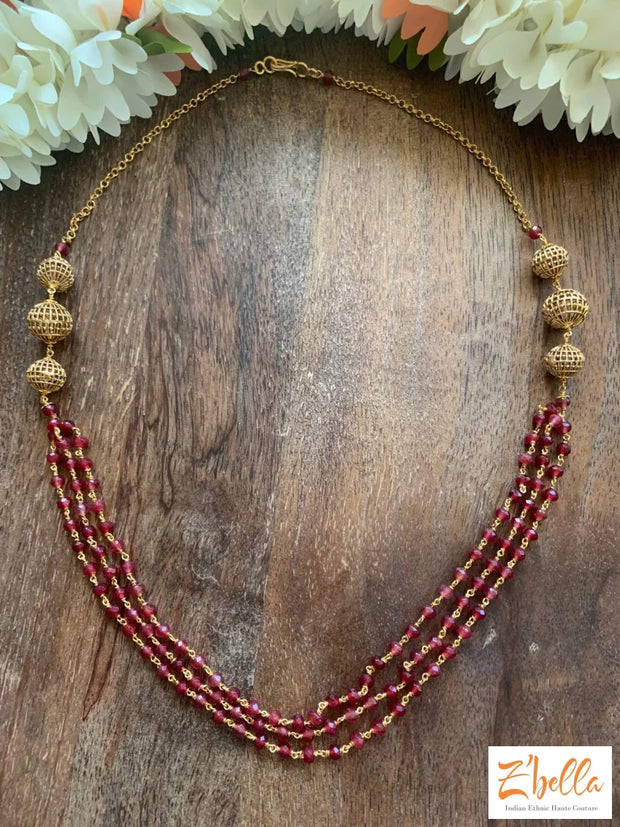 3 Layer Ruby Red Crystal Bead Chain With Small Jumka Necklace