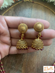 3 Layer Ruby Red Crystal Bead Chain With Small Jumka Necklace