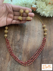 3 Layer Ruby Red Crystal Bead Chain With Small Jumka Necklace