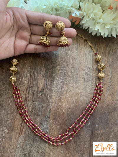3 Layer Ruby Red Crystal Bead Chain With Small Jumka Necklace