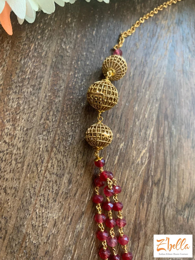 3 Layer Ruby Red Crystal Bead Chain With Small Jumka Necklace