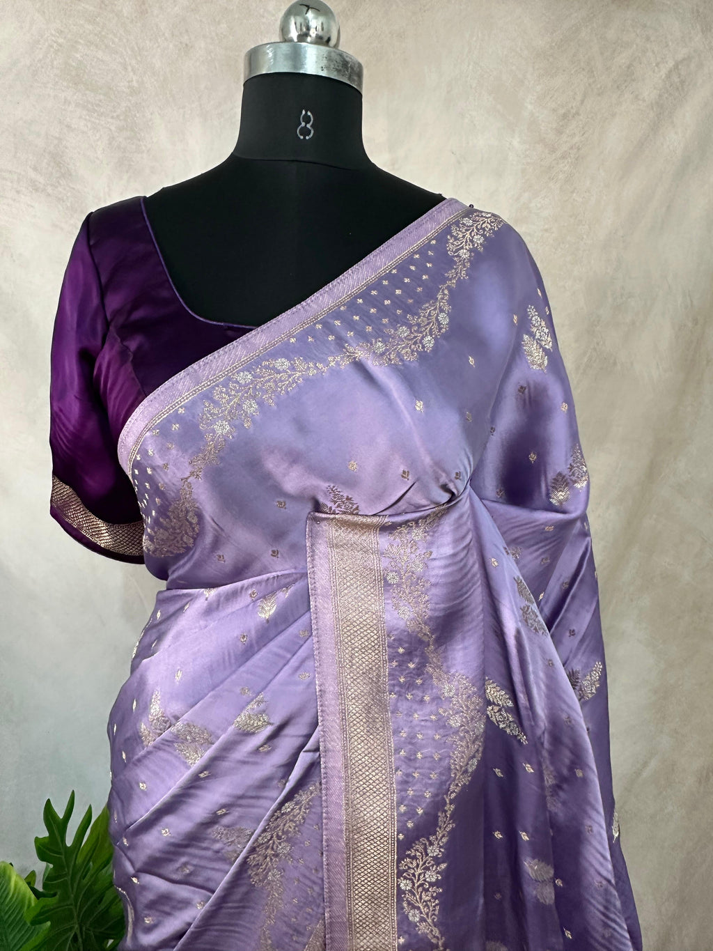Lilac and purple combo satin silk saree with stitched blouse