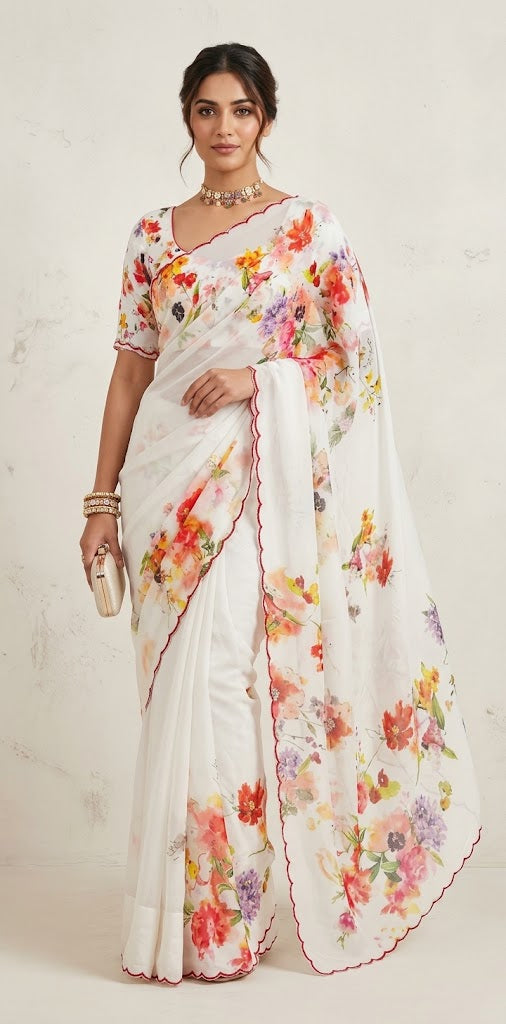 Chiffon digital Printed saree with bead work and stitched blouse